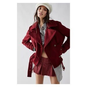 NWOT Free People Cecelia Wool Pea Coat In Cranberry  Size Small